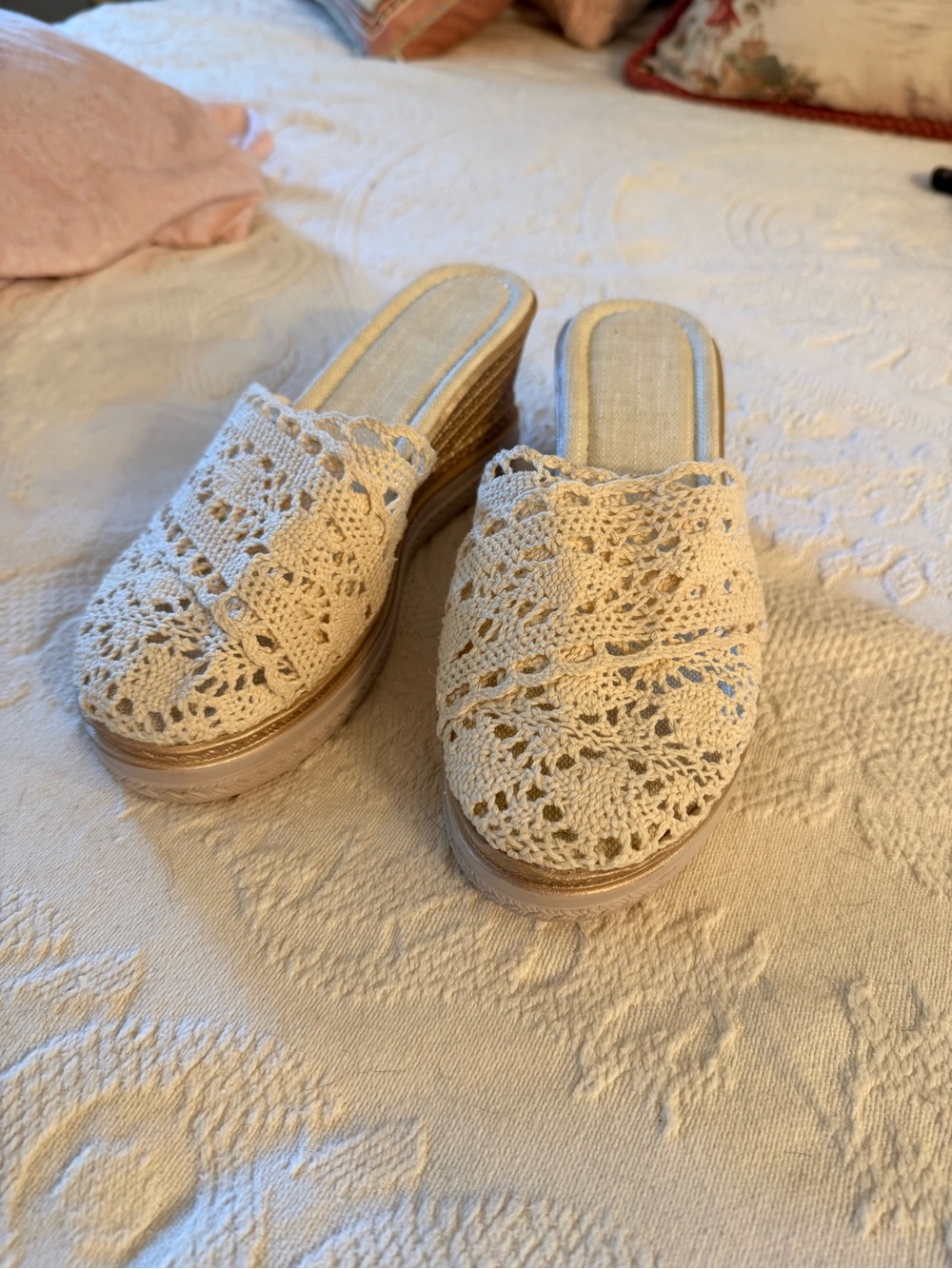 Crochet Espadrille Wedge Mules in Cream